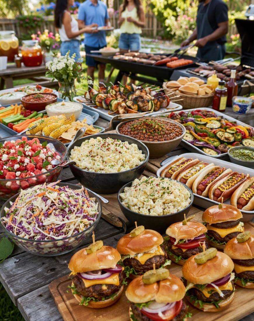 An outdoor picnic table filled with burgers, hot dogs, salads, grilled vegetables, corn, watermelon, and drinks. People in the background are gathered and grilling food in a sunny backyard setting.