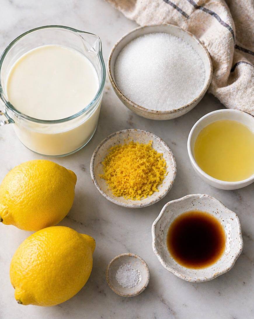 A top-down view of ingredients on a marble surface: a glass pitcher of milk, a bowl of sugar, two whole lemons, a plate of lemon zest, a small bowl of lemon juice, a bowl of vanilla extract, and a pinch of salt.