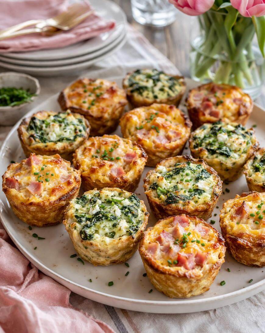 A white plate with assorted mini quiches, some with spinach and some with ham, topped with chopped chives. The plate sits on a table with a pink napkin and a vase of pink tulips in the background.