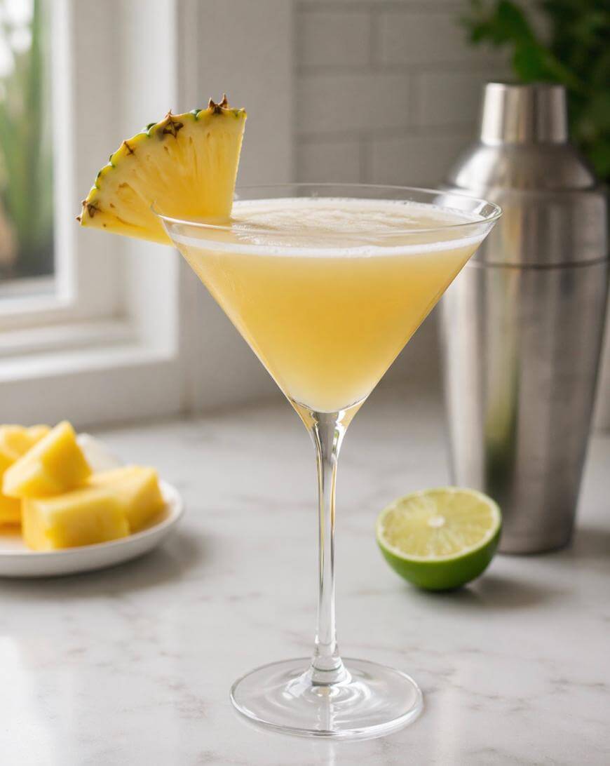 A yellow cocktail in a martini glass garnished with a pineapple wedge, sits on a marble counter. Behind it are a metal shaker, a halved lime, and a plate of pineapple chunks.