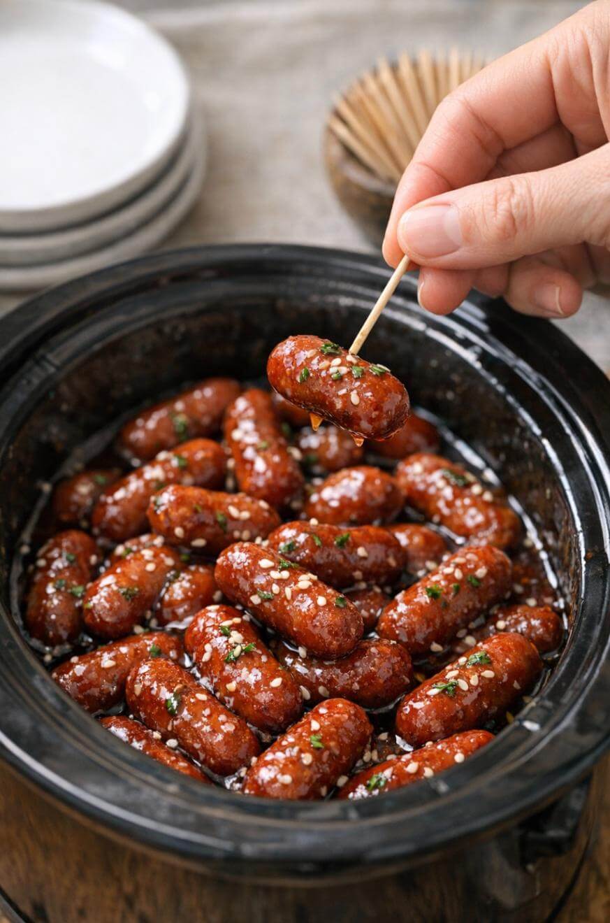 A hand holds a toothpick with a glazed cocktail sausage above a slow cooker filled with more sausages, garnished with sesame seeds and herbs. Stacked plates and toothpicks are visible in the background.