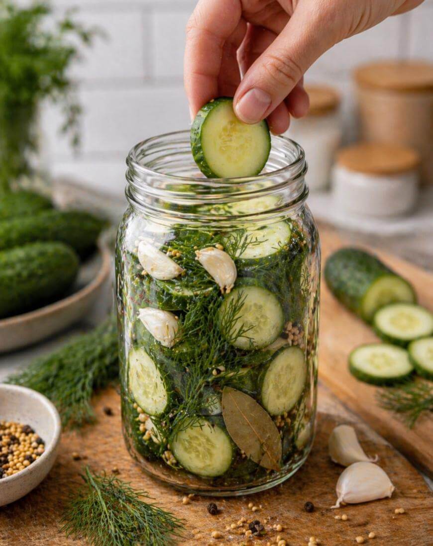 A hand places a cucumber slice into a glass jar filled with cucumbers, garlic, dill, spices, and bay leaves on a wooden surface, preparing homemade pickles. Sliced cucumbers and garlic are scattered nearby.