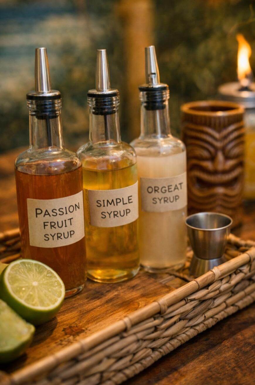 Three glass bottles labeled Passion Fruit Syrup, Simple Syrup, and Orgeat Syrup sit in a woven tray with a metal jigger and cut limes nearby, on a rustic wooden surface.