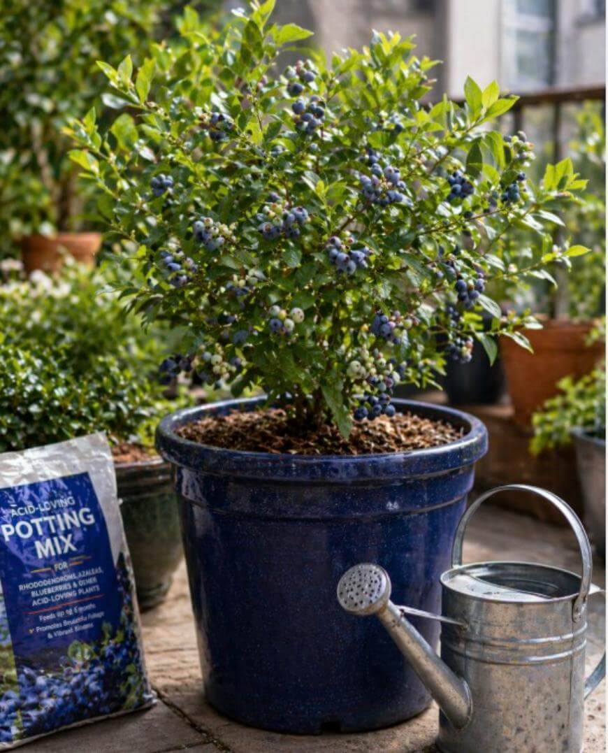 A potted blueberry plant full of ripe berries sits on a patio. Nearby are a metal watering can and a bag of acid-loving potting mix. More potted plants and a window appear in the background.