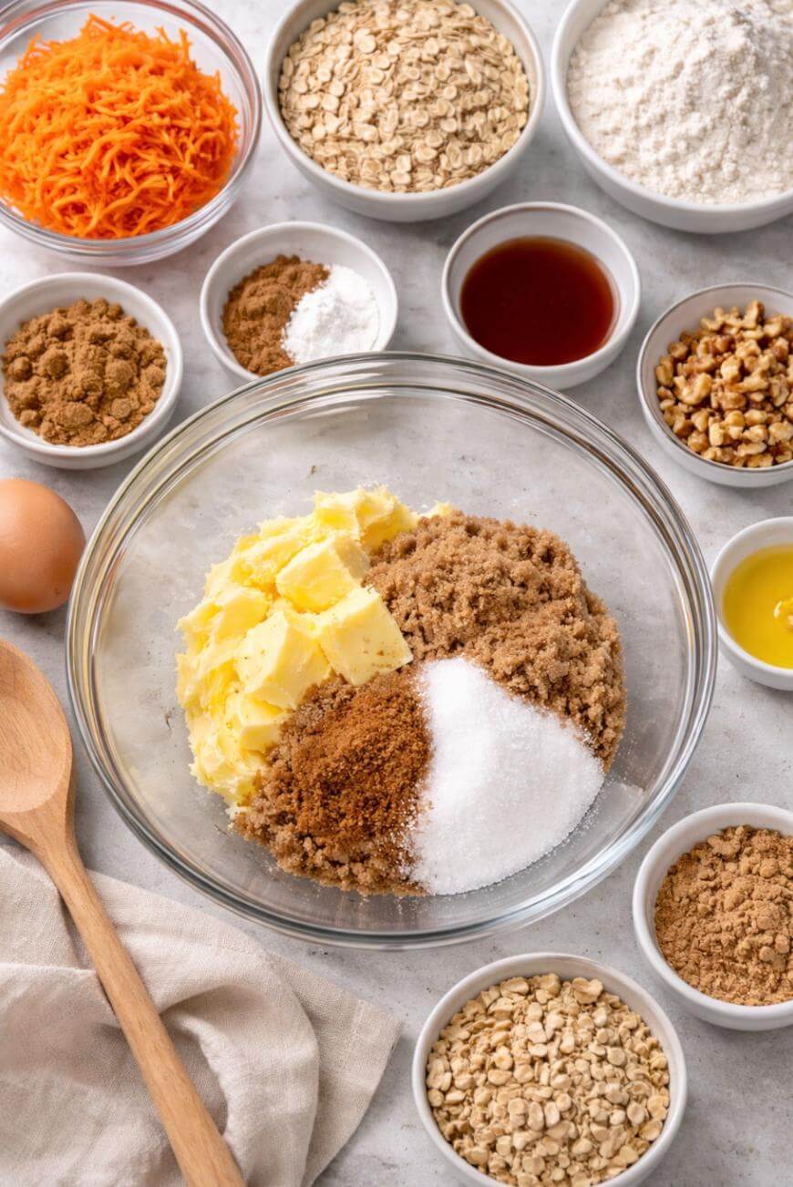 A glass bowl holds butter, brown sugar, white sugar, and spices, surrounded by small bowls of flour, oats, grated carrots, nuts, vanilla, an egg, brown sugar, and baking powder on a light surface with a wooden spoon nearby.