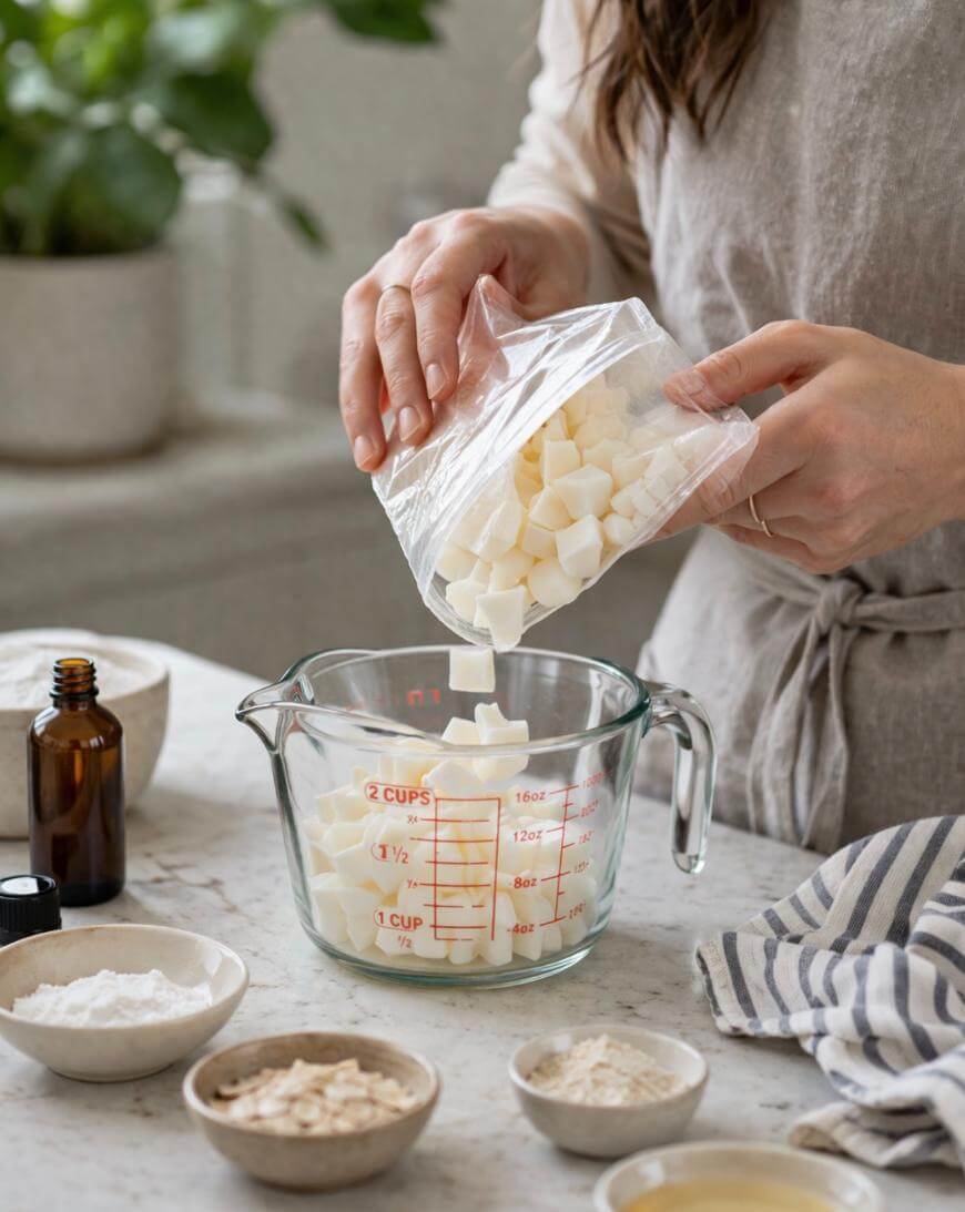 A person pours white soap cubes from a plastic bag into a glass measuring cup on a kitchen counter, surrounded by small bowls of ingredients and a striped kitchen towel.