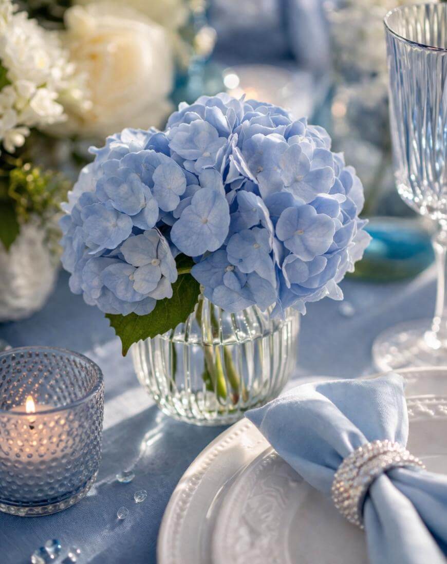 A small glass vase with light blue hydrangeas sits on a table set with a blue napkin, a white plate, a sparkling napkin ring, a ribbed glass, and a lit votive candle. The scene is elegant and softly lit.