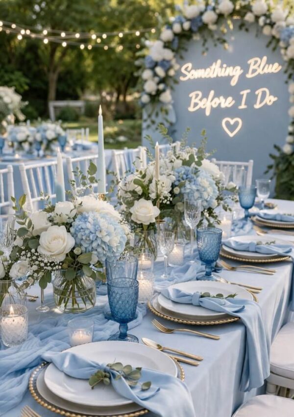 Elegant outdoor wedding table with blue and white decor, floral arrangements, candles, and place settings. A neon sign reading Something Blue Before I Do is displayed amid flowers in the background.