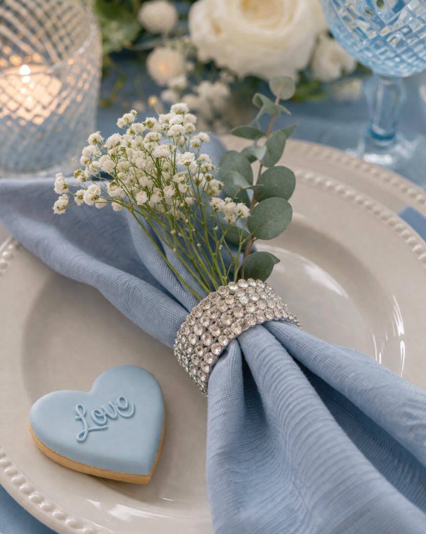 Elegant table setting with a white plate, light blue napkin in a jeweled ring, small white flowers, and a heart-shaped cookie with Love written in white icing. Blue glassware and candles are in the background.
