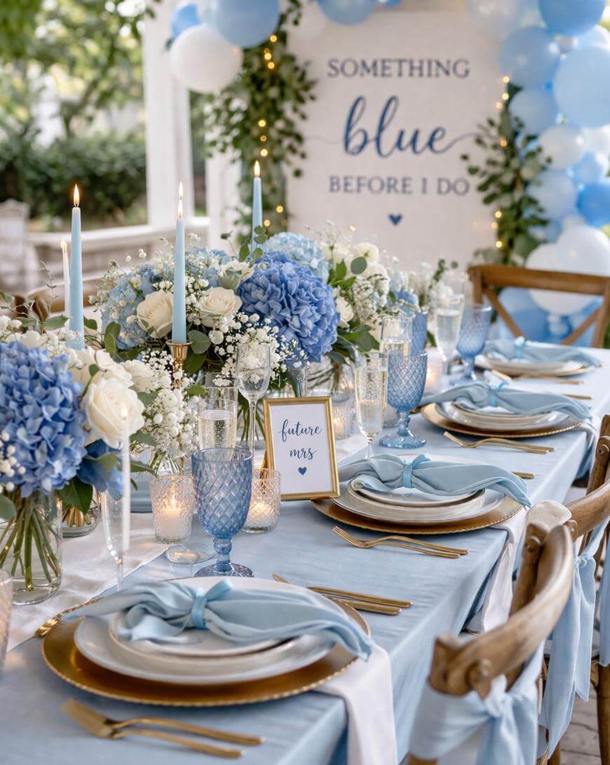 A beautifully decorated wedding table features blue and white flowers, candles, gold-rimmed plates, blue glasses, and elegant napkins. A sign in the background reads Something blue before I do. Balloons add a festive touch.