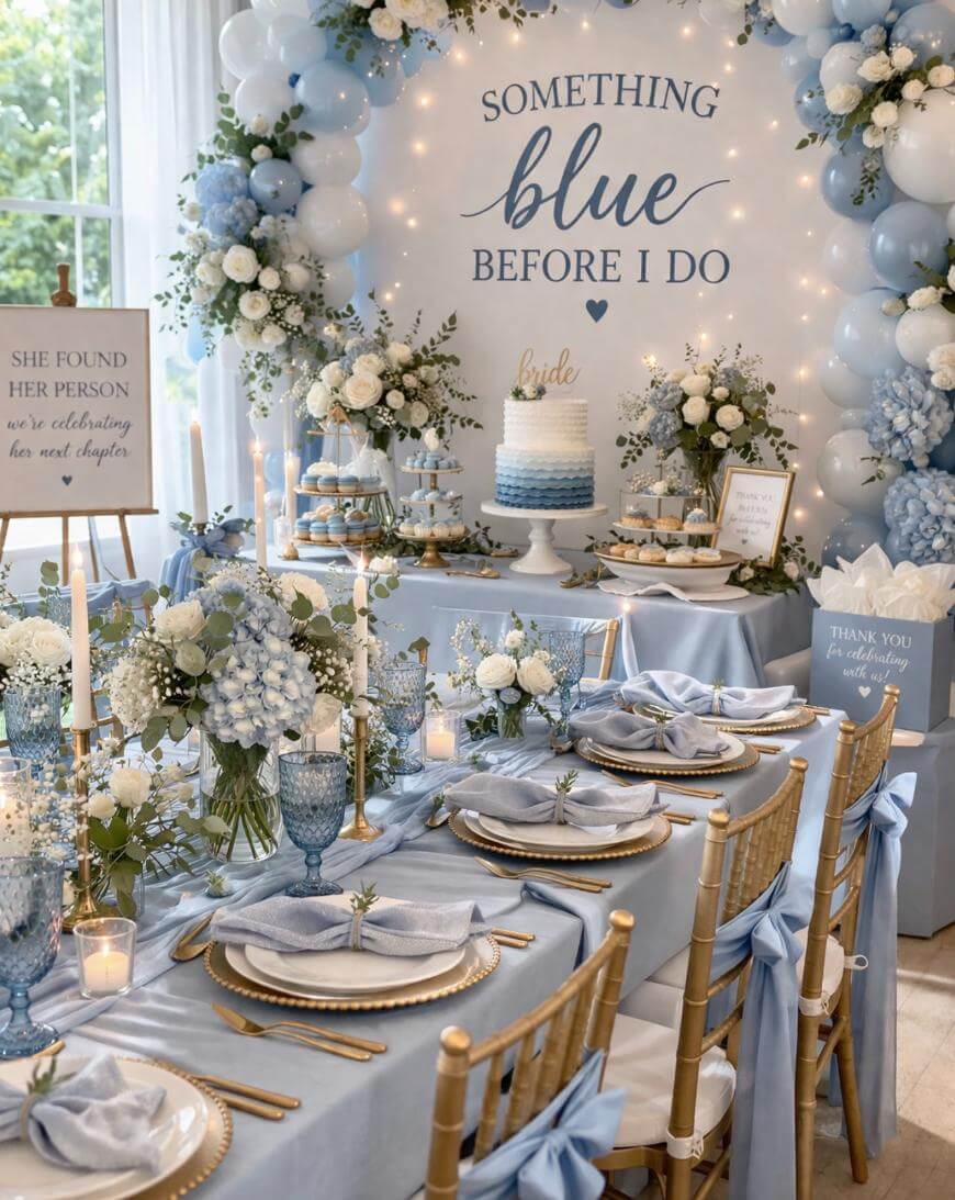Elegant bridal shower setup with blue and white decorations, floral arrangements, candles, a tiered cake, and a sign reading “Something blue before I do.” The table is set with gold accents and blue ribbon details.