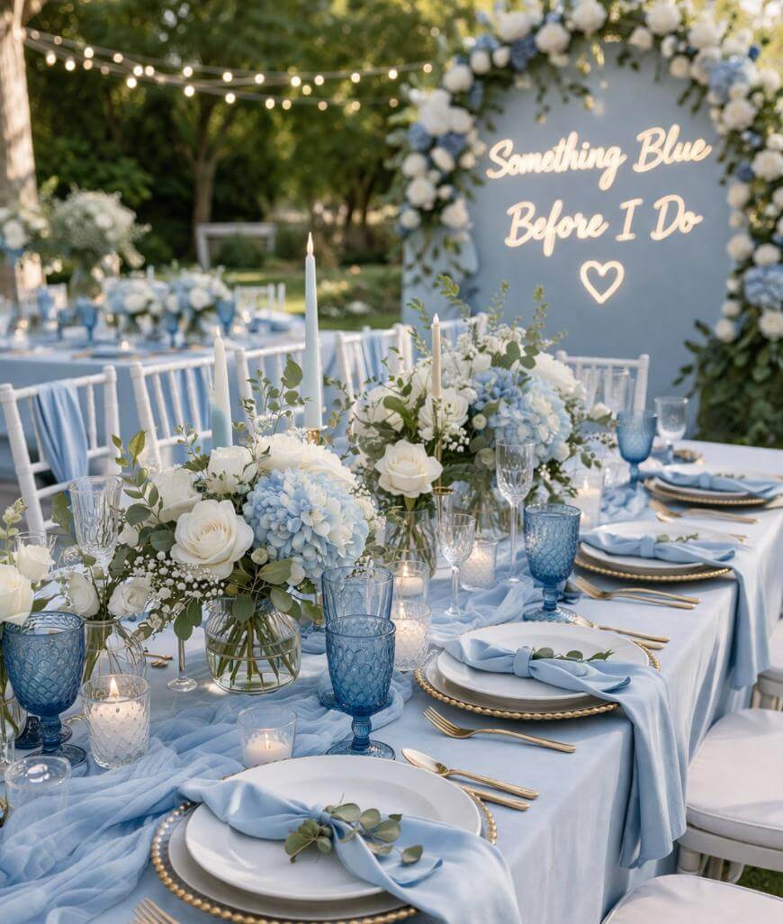 Elegant outdoor wedding table setup with blue and white flowers, candles, and blue glassware. A neon sign reading “Something Blue Before I Do” is displayed on a floral arch in the background.