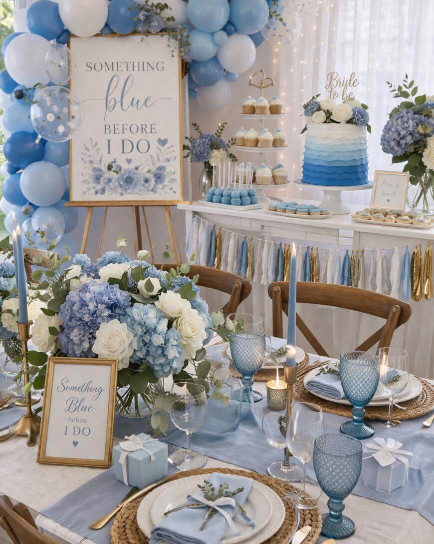 A bridal shower table is decorated in shades of blue and white with floral arrangements, blue balloons, candles, elegant place settings, a tiered cake, cupcakes, and a sign reading, “Something blue before I do.”.