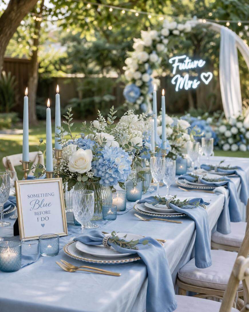 Elegant outdoor bridal shower table decorated with light blue and white flowers, candles, gold-rimmed glasses, and blue accents. A sign reads “Something Blue Before ‘I Do.’” A floral arch and “Future Mrs” neon sign are in the background.