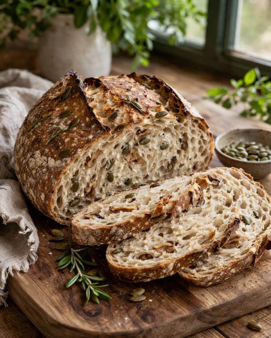 A rustic loaf of seeded sourdough bread, partially sliced, sits on a wooden board. A sprig of rosemary and a small bowl of seeds are nearby, with greenery in the background.