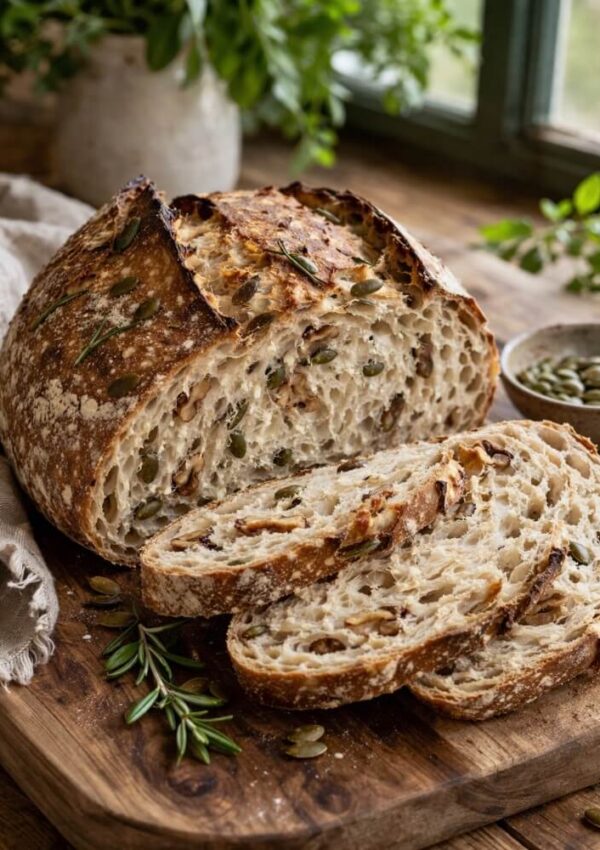 A rustic loaf of bread with seeds and herbs, partly sliced, sits on a wooden board near a window, with a sprig of rosemary and a bowl of seeds nearby. Greenery and a cloth napkin are in the background.