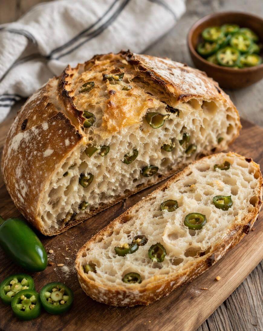 A rustic loaf of bread with jalapeño slices baked inside, one thick slice cut and resting on a wooden board. A bowl of sliced jalapeños and a whole jalapeño are nearby; a striped cloth is in the background.