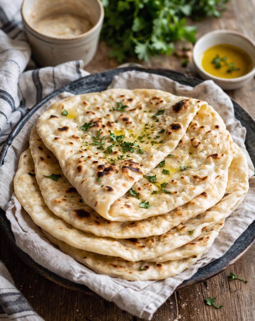 A stack of freshly cooked naan bread garnished with chopped herbs sits on a cloth-lined plate, with small bowls of sauce and leafy greens in the background.