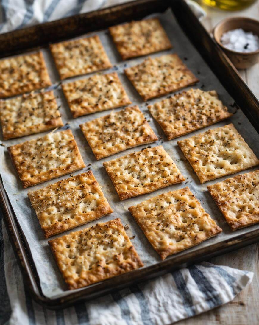 A baking tray lined with parchment paper holds 16 golden-brown square crackers, topped with black pepper and sea salt, resting on a striped cloth with a bowl of salt and olive oil nearby.