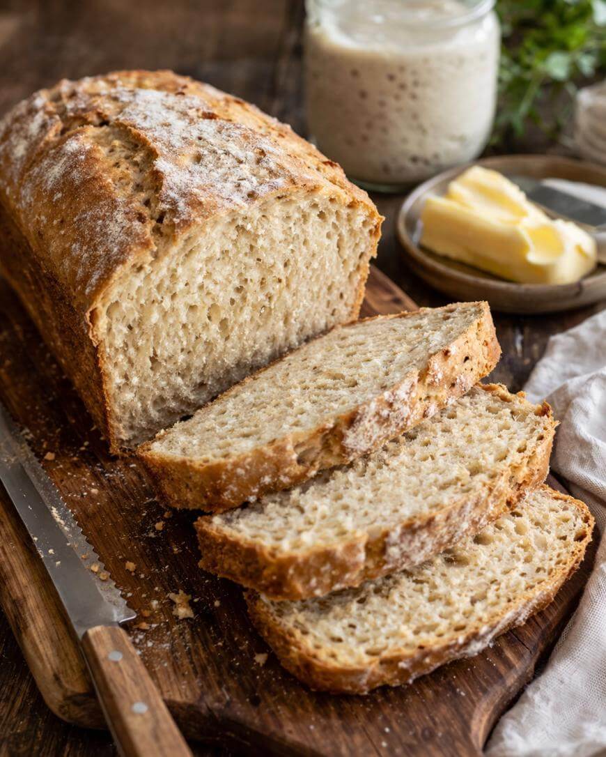A loaf of homemade bread on a wooden cutting board with three slices cut, next to a serrated knife. In the background, there is a plate with butter and a jar of starter or dough.