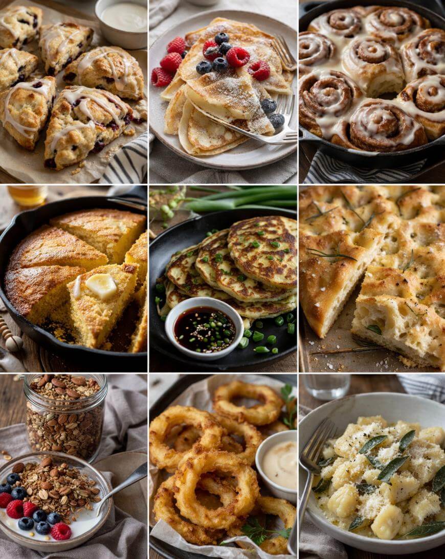 A grid of nine images shows various foods: berry scones, pancakes with berries, iced cinnamon rolls, cornbread, scallion pancakes with dipping sauce, focaccia, granola with berries, onion rings with dip, and gnocchi with sage.