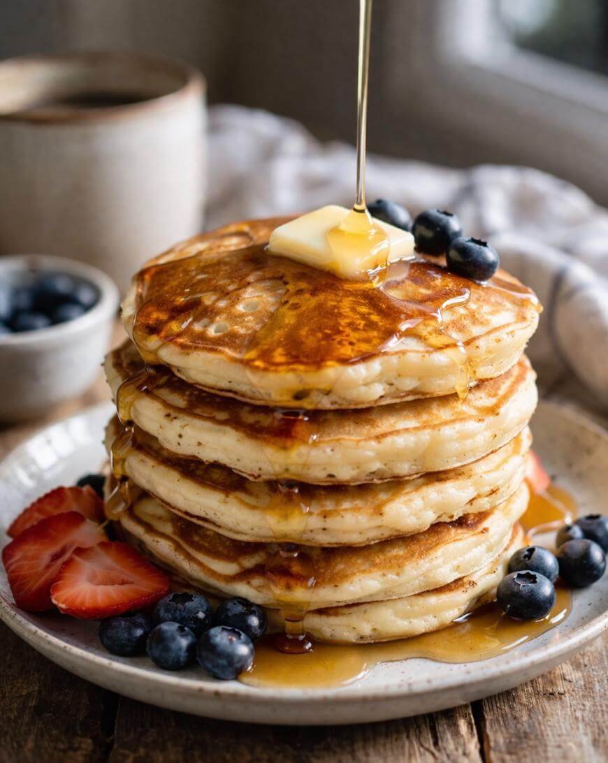 A stack of pancakes topped with a pat of butter and syrup being poured over them, surrounded by fresh blueberries and sliced strawberries on a plate.