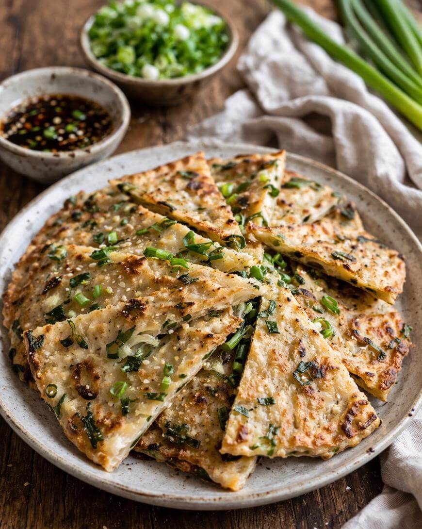 A plate of sliced Chinese scallion pancakes garnished with sesame seeds and chopped green onions, served with a bowl of soy dipping sauce and a bowl of chopped scallions on a rustic wooden table.