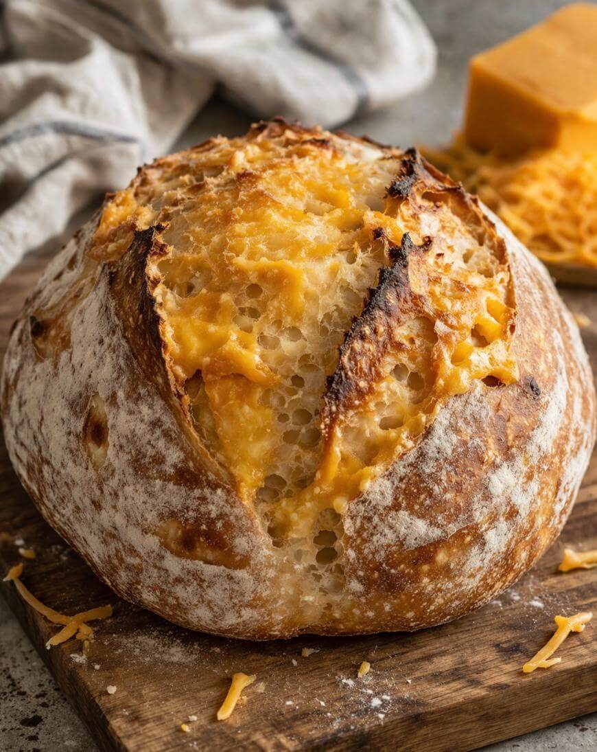 A round loaf of artisan bread with a golden, crispy crust and melted cheddar cheese oozing from cracks, resting on a wooden board with shredded cheese and a block of cheddar in the background.