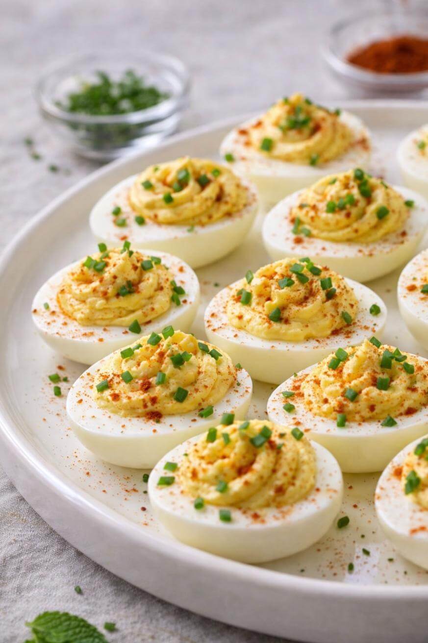 A plate of deviled eggs topped with chopped chives and paprika sits on a light surface, with small bowls of chives and paprika in the background.
