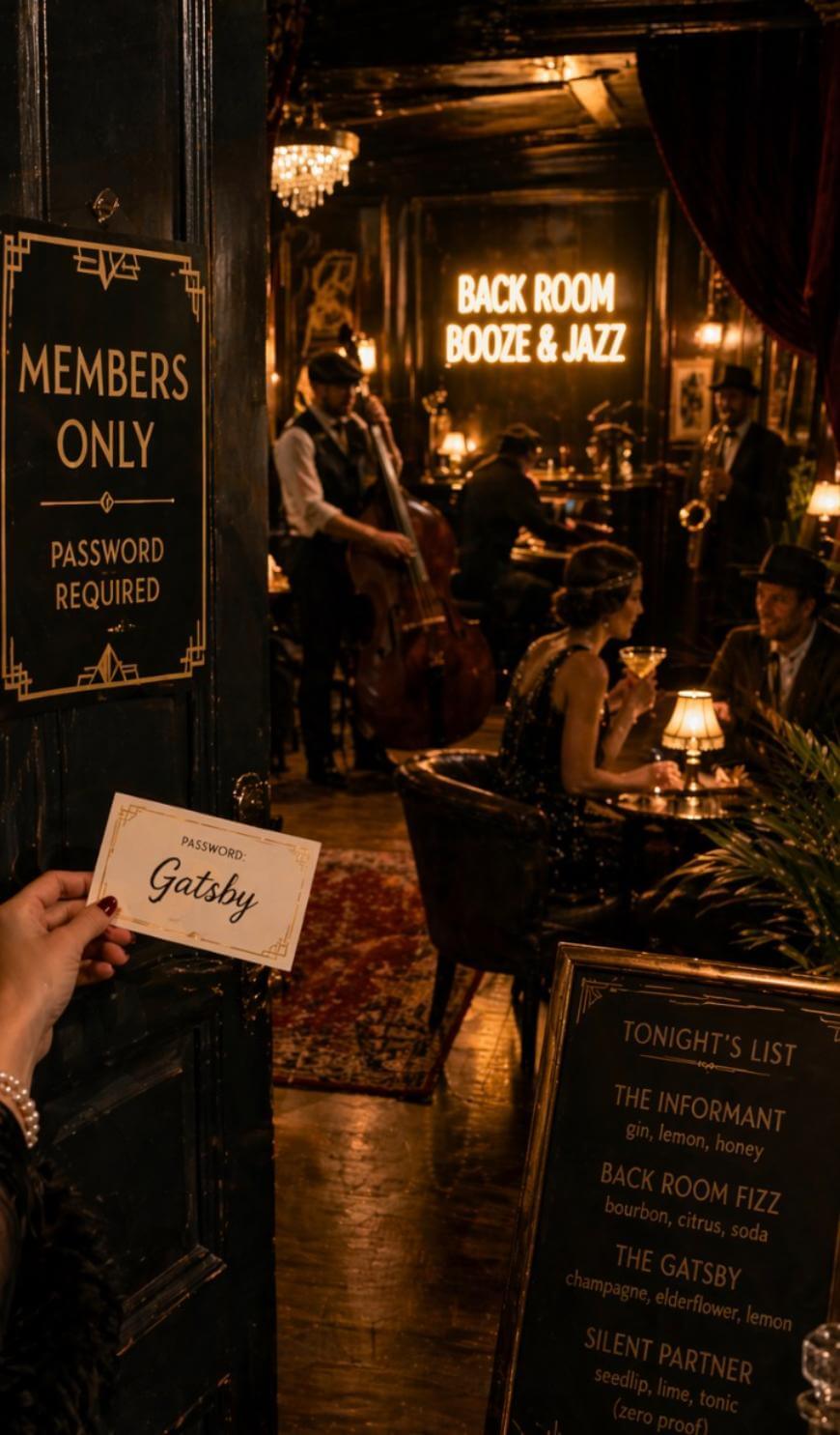 A dimly lit speakeasy with vintage decor. A sign reads “MEMBERS ONLY - PASSWORD REQUIRED.” Inside, people in 1920s attire enjoy drinks and live jazz. A hand holds a card with the password “Gatsby.” A jazz band plays in the background.