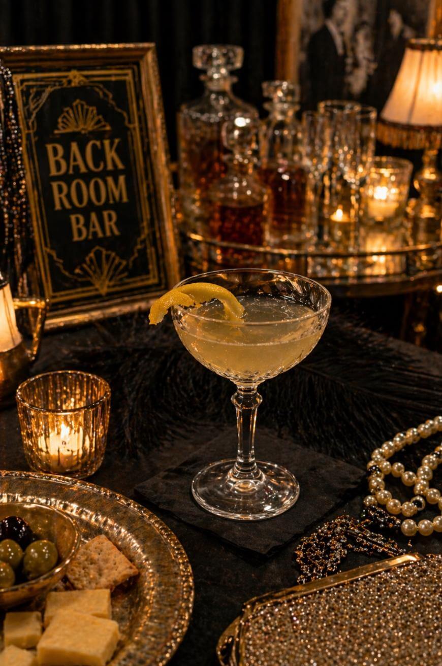 A vintage-themed bar setup with a cocktail garnished with a lemon twist, surrounded by candles, pearls, glass decanters, and a gold-framed “Back Room Bar” sign, creating an elegant, speakeasy atmosphere.