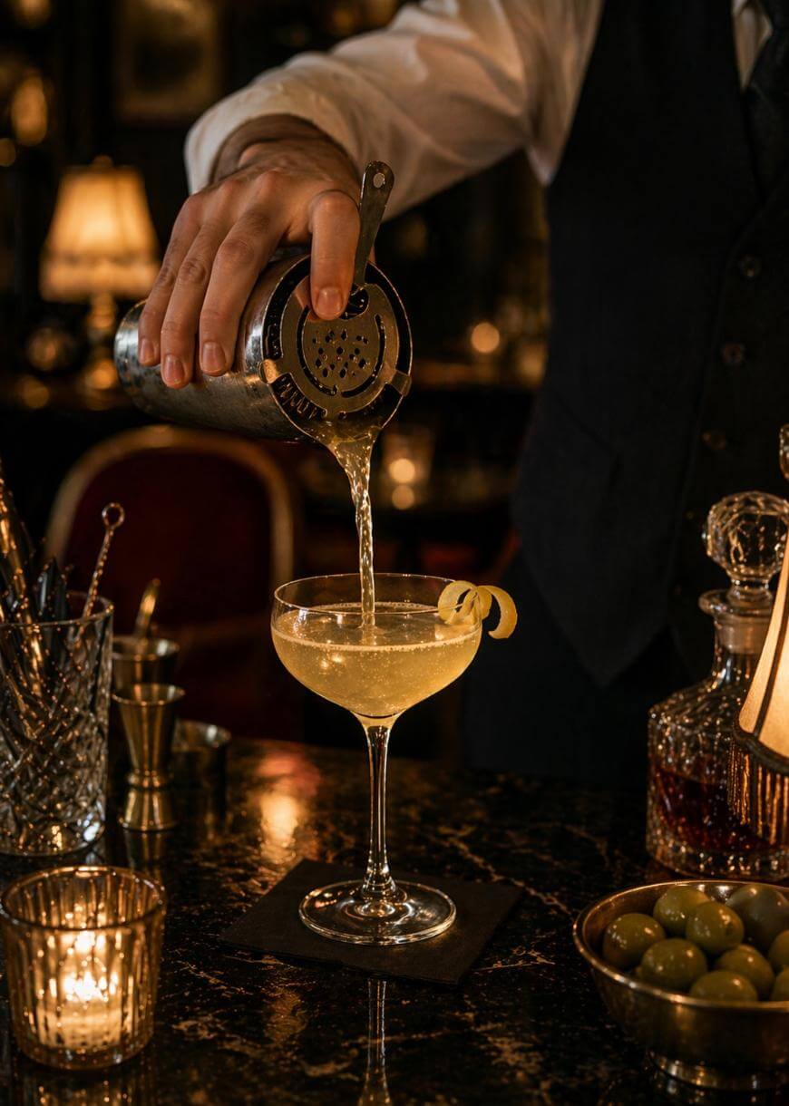A bartender in a vest pours a cocktail from a shaker into a coupe glass garnished with a lemon twist. The dimly lit bar has candles, olives, and vintage decor, creating an elegant, cozy atmosphere.