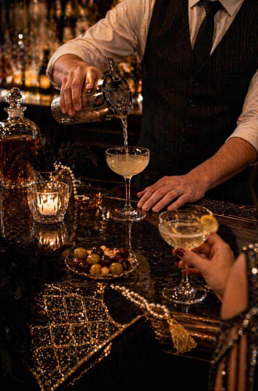 A bartender in a vest and tie pours a cocktail into a coupe glass at an elegant, dimly lit bar. On the bar are a bowl of olives, a candle, a glass decanter, and glimmering décor with beaded details.