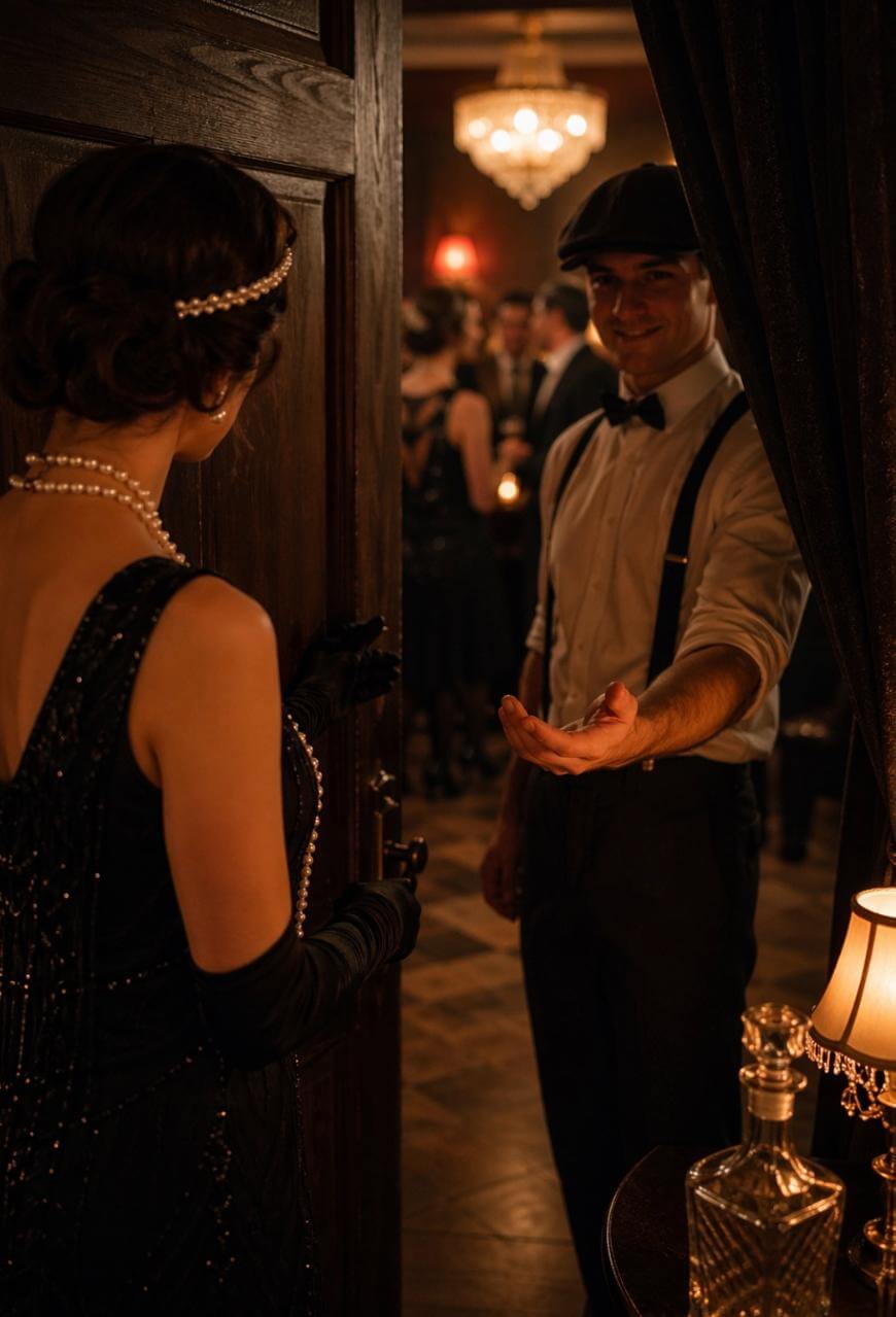 A man in vintage attire smiles and extends his hand to a woman in a black dress and pearls at the entrance of an elegant, dimly lit party with chandeliers and people mingling in the background.