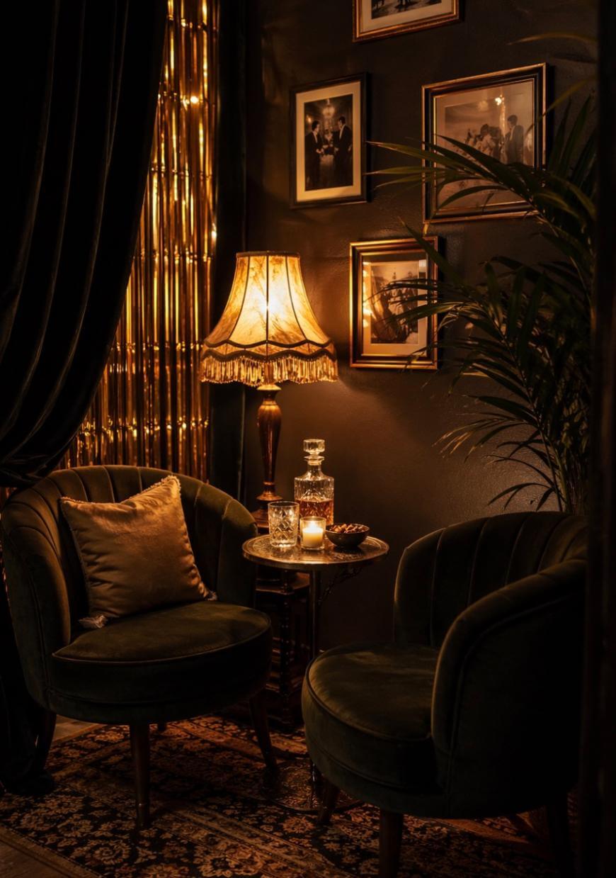 Two vintage armchairs with a cushion and a round table between them, holding a decanter, glasses, and a candle. Warm lamp light, framed photos, dark curtains, and a plant create a cozy, elegant atmosphere.