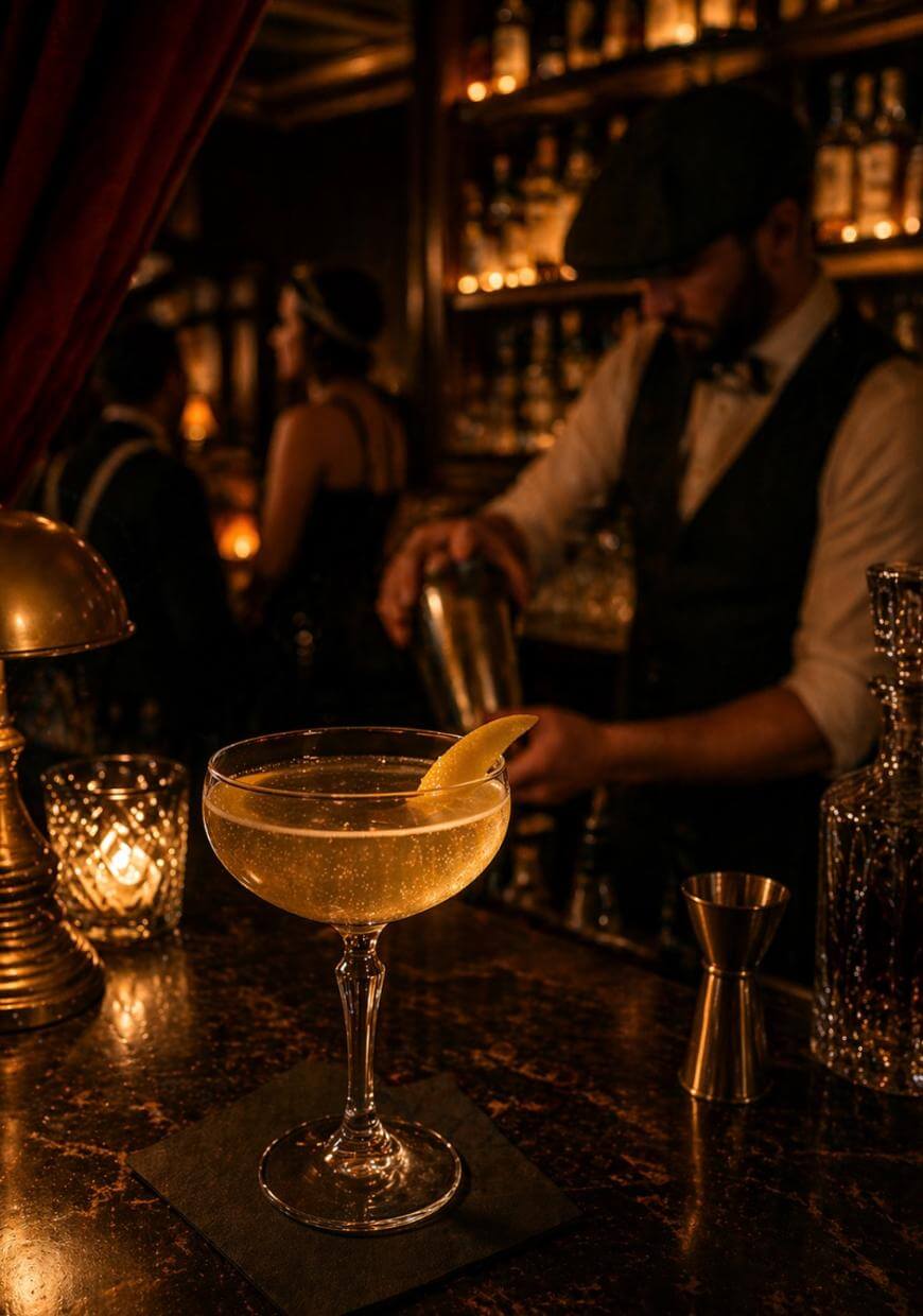 A cocktail garnished with a lemon twist sits on a dimly lit bar, with a bartender mixing drinks in the background and patrons socializing in a cozy, warmly lit setting.