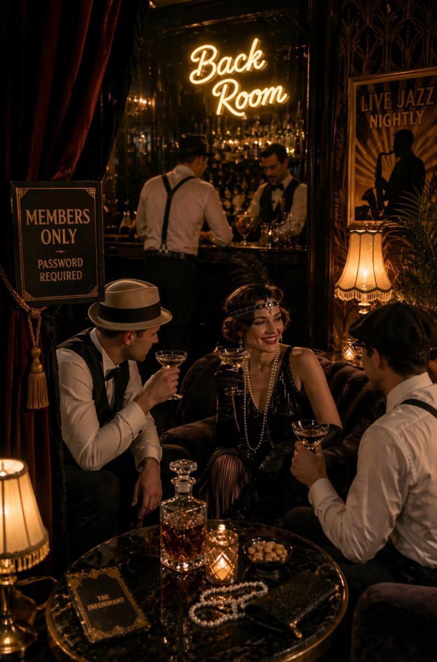 Three people in 1920s-style attire sit in a dimly lit speakeasy, holding drinks and smiling. Behind them is a bar with a Back Room neon sign and jazz poster. A Members Only sign hangs nearby. Pearls and a book rest on the table.
