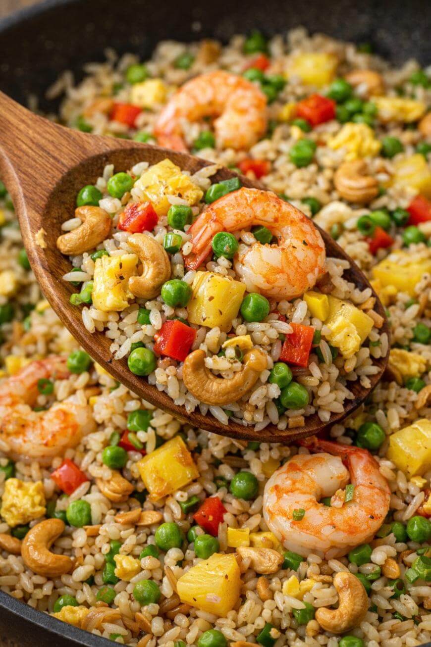 A wooden spoon holds a colorful serving of fried rice with shrimp, peas, red bell peppers, pineapple chunks, cashews, and scrambled eggs, above a pan filled with more of the same dish.