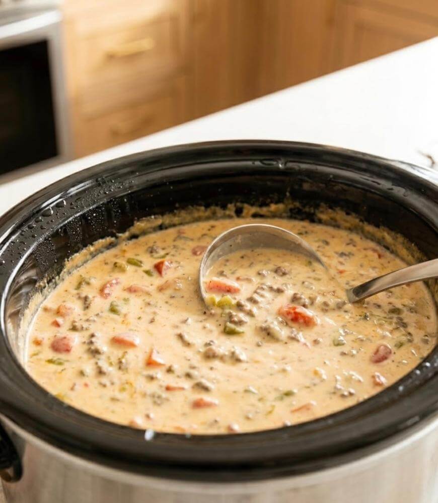 A ladle scoops creamy, cheesy soup with ground beef, tomatoes, and green peppers from a slow cooker on a kitchen counter.