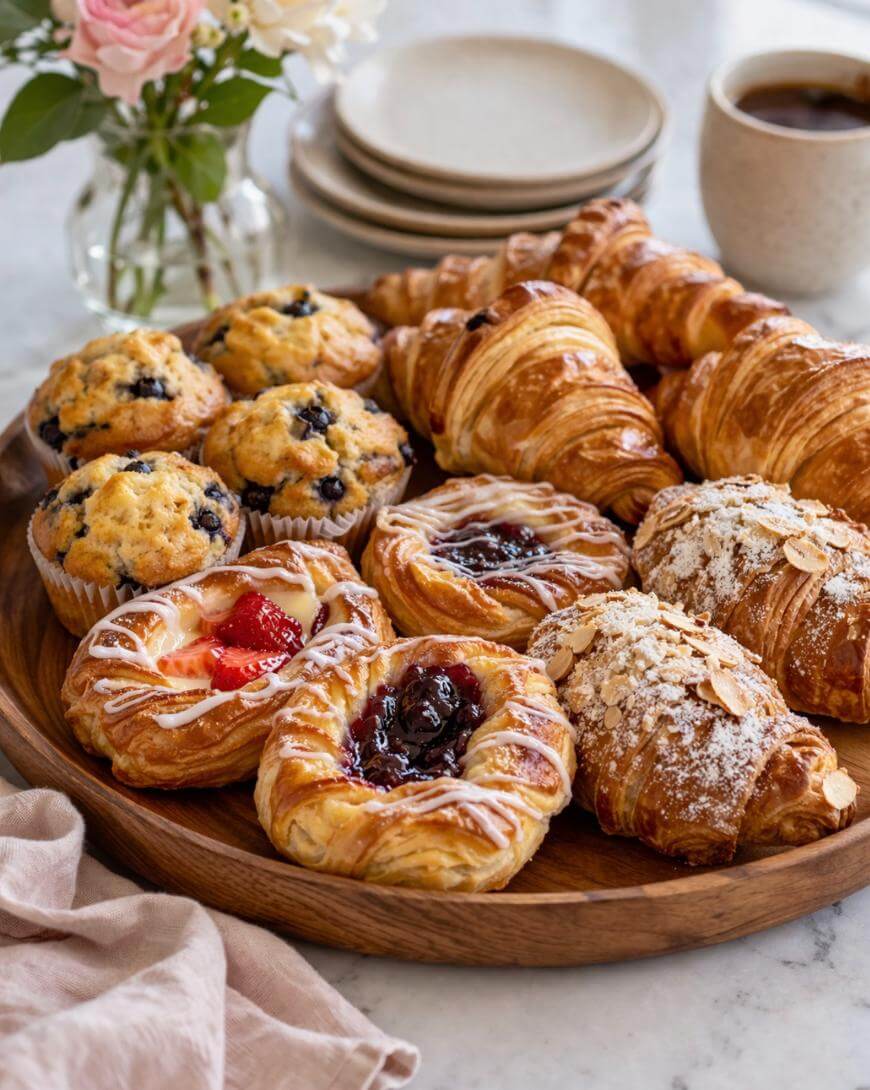 A wooden platter filled with assorted pastries, including croissants, fruit danishes, almond croissants, and blueberry muffins, sits on a marble table with a cup of coffee, stacked plates, and a vase of flowers in the background.