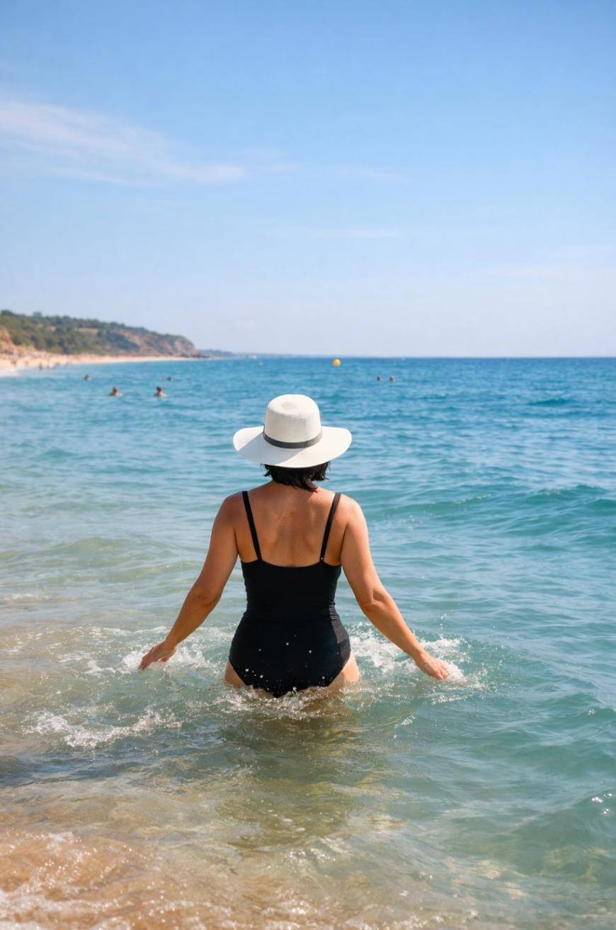 A woman in a black swimsuit and white sunhat stands in shallow ocean water, facing away towards the sea on a sunny day, with a sandy beach and distant coastline in the background.
