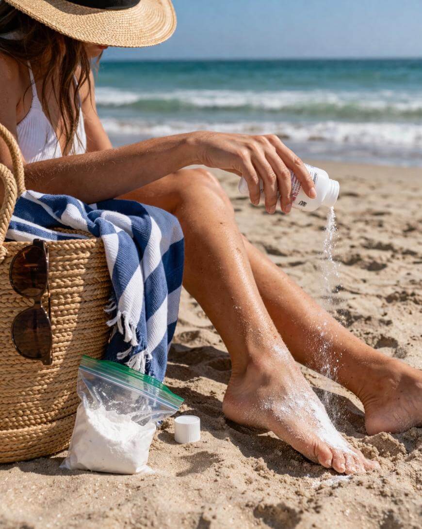 A person sitting on the beach sprinkles powder on their feet next to a bag, towel, sunglasses, and a plastic bag of powder, with the ocean and sky in the background.