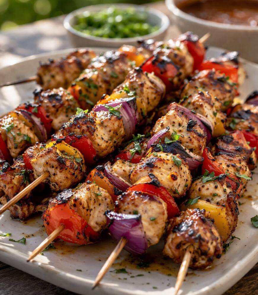 Grilled chicken skewers with colorful bell peppers and red onions are arranged on a platter, garnished with herbs. Bowls of chopped green herbs and a brown dipping sauce are visible in the background.