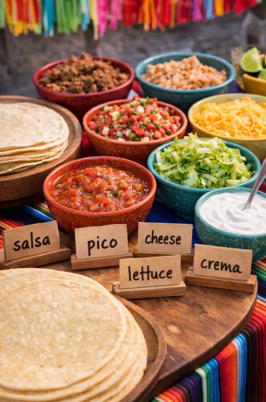 A colorful taco bar with bowls of salsa, pico de gallo, cheese, shredded lettuce, crema, and ground meat, tortillas stacked nearby, and festive decorations in the background.