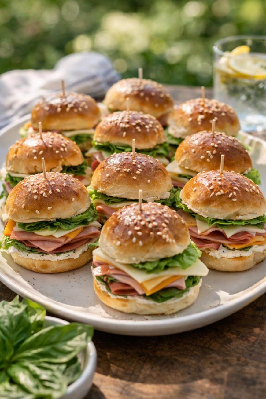 A platter of mini sandwiches with sesame seed buns, stacked with lettuce, slices of ham, cheese, and held together with toothpicks. A glass of water with lemon and a bowl of fresh basil are nearby.
