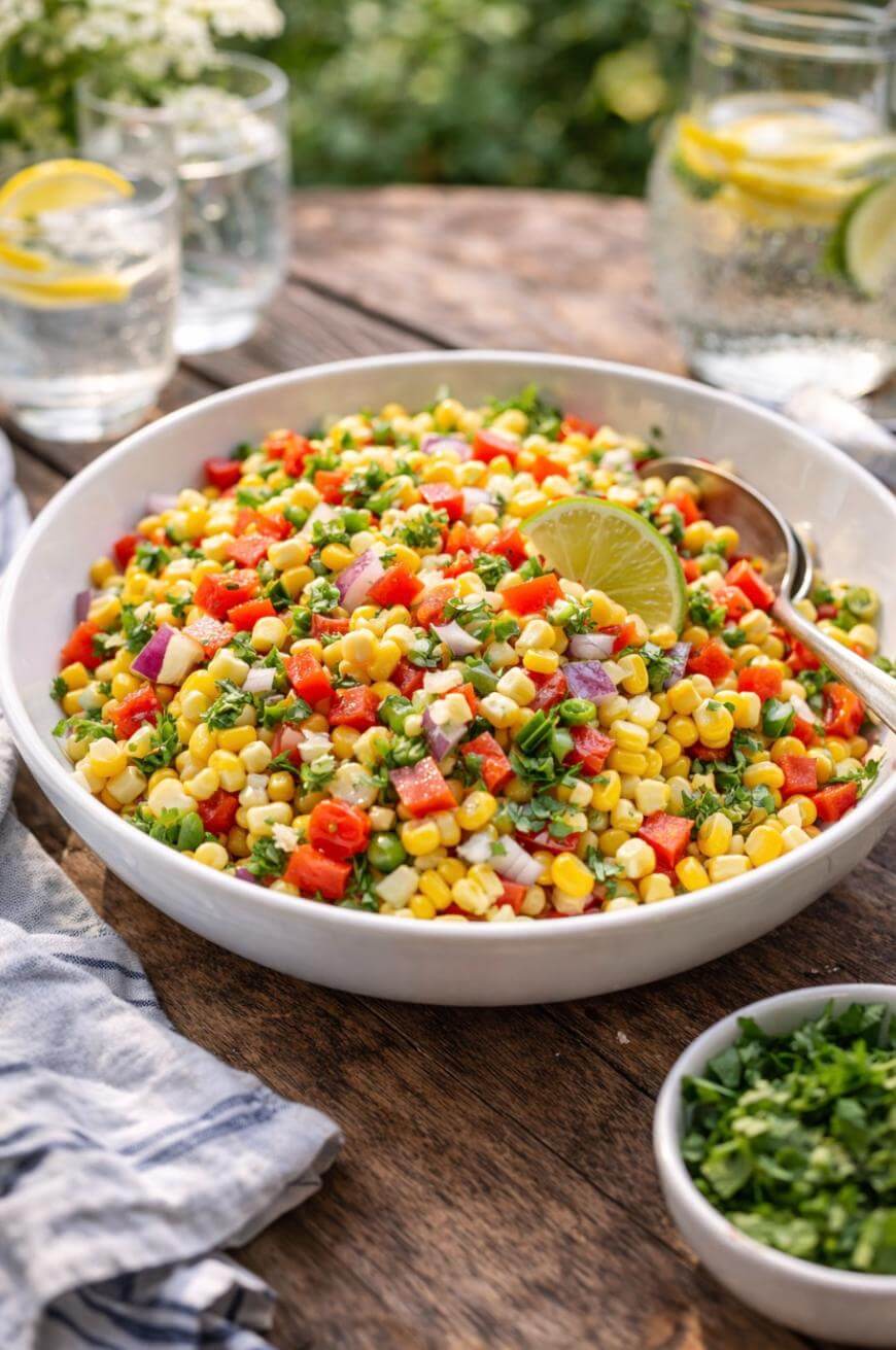 A bowl of fresh corn salad with chopped red peppers, red onions, herbs, and a lime slice, sits on a wooden table next to a small dish of herbs and glasses of water with lemon.
