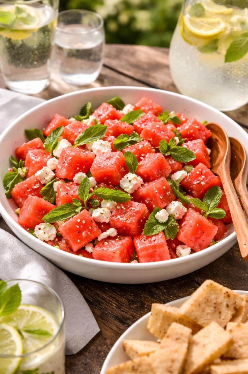 A bowl of watermelon salad with feta cheese and fresh mint leaves, served with wooden utensils. In the background are glasses of water with lemon and a plate of crackers. The scene is set outdoors.