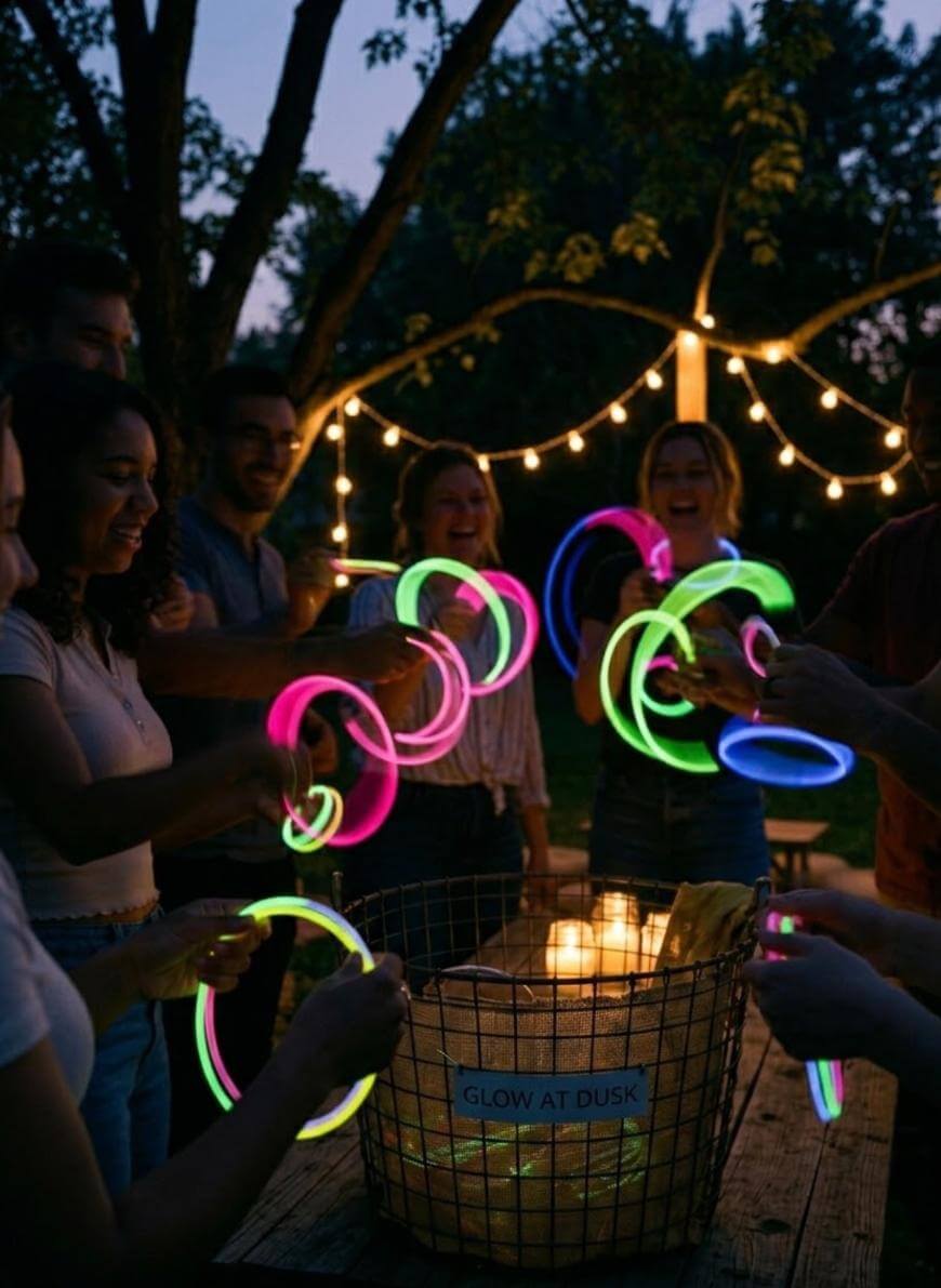 A group of people enjoy an evening outdoors, holding glowing neon bracelets and rings near a table with a basket labeled Glow at Dusk, under string lights and trees at dusk.