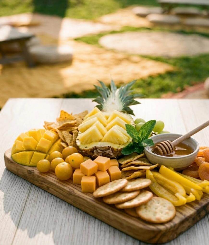 A wooden board with pineapple, mango, cheese cubes, crackers, grapes, golden berries, dried apricots, pita chips, and a bowl of honey with a honey dipper, set on an outdoor table with a grassy background.
