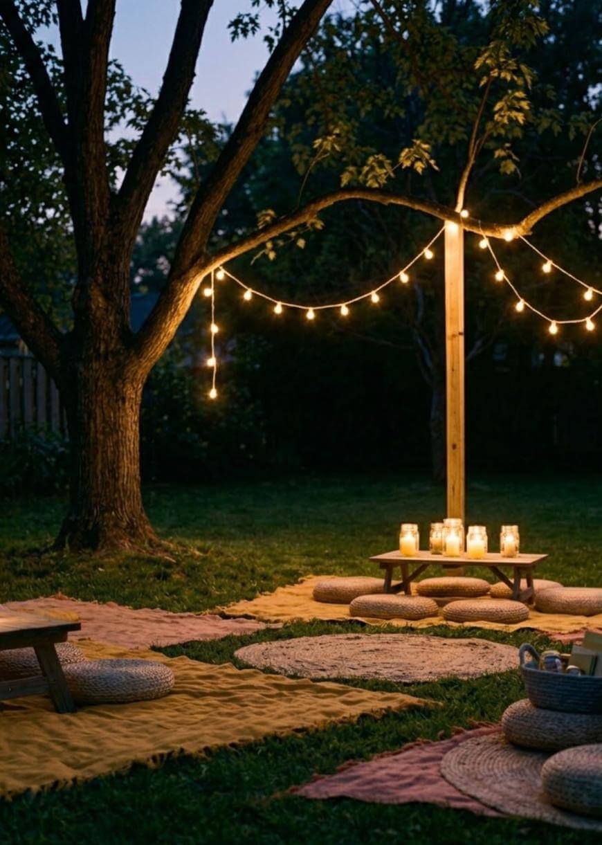 A cozy outdoor picnic setup at dusk with string lights hanging from a tree, low wooden tables, woven cushions, candles in jars, and blankets spread out on the grass.